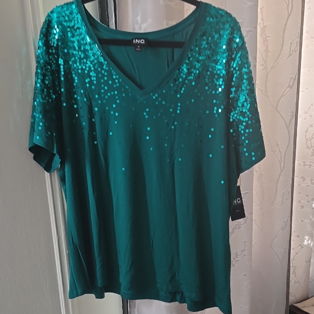 NWT INC International Concepts Teal Sequin Short Sleeve Tee